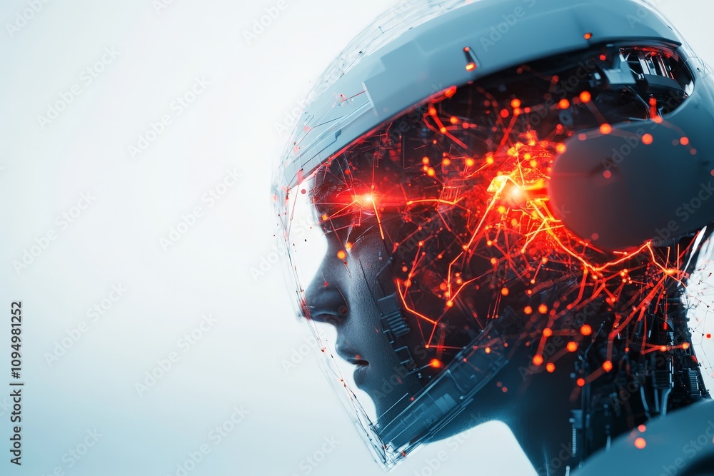 Aufkleber a futuristic image depicting a human face with visible digital connections and glowing neural pathwa