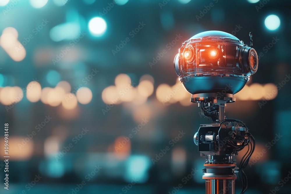 Poster a glossy headed robot with an illuminated internal structure visible through its transparent lens, r