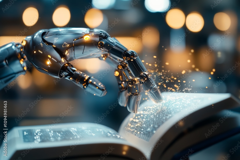 Poster a robotic hand with shining elements is interacting with an open book with glowing text, symbolizing