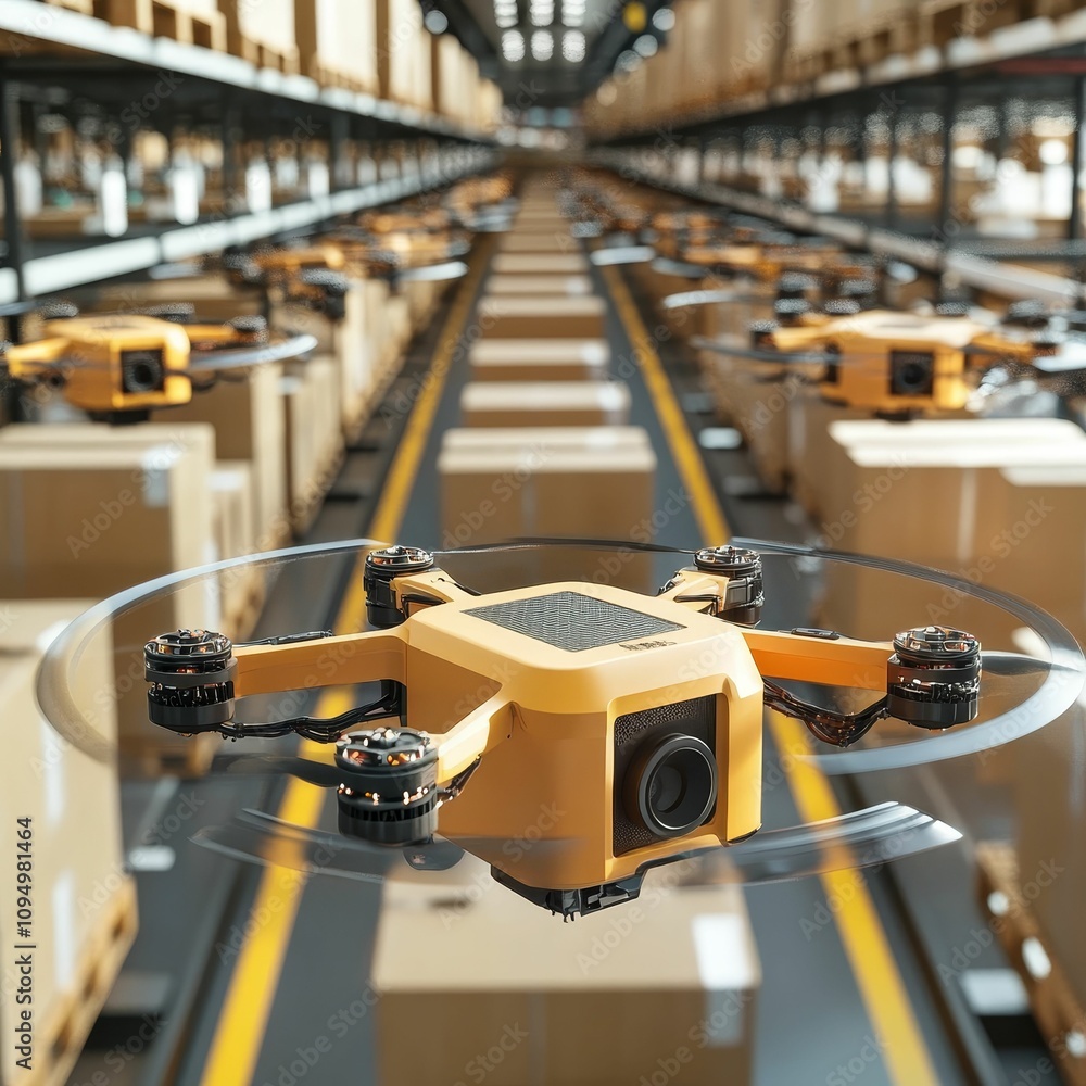 Poster warehouse drone delivery system, efficient automation.