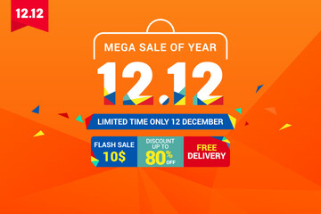 12.12 Shopping day sale poster or flyer design. 12.12 Mega sale online banner. Global shopping world day. Eps10 vector illustration