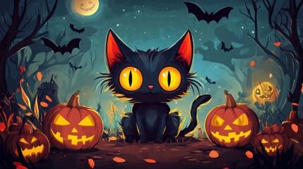 Illustration of a cartoon cat monster dressed for Halloween