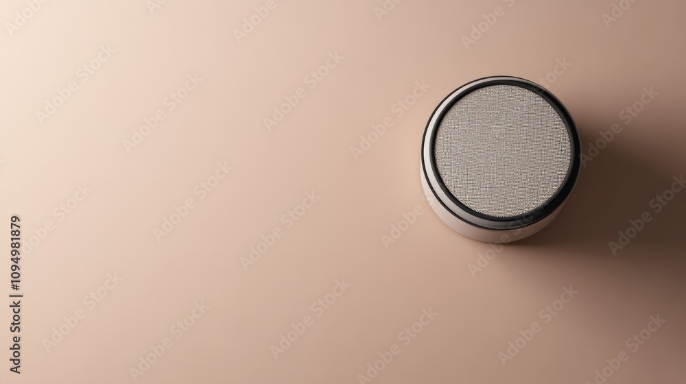Poster modern round bluetooth speaker on minimalist background, featuring subtle fabric texture and elegant
