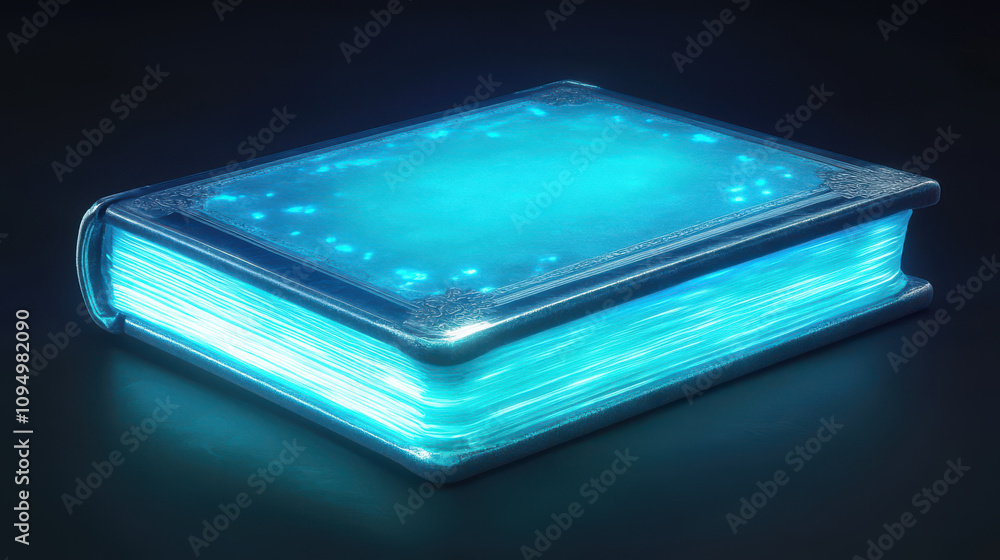 Poster glowing digital ledger book with secure design and vibrant light