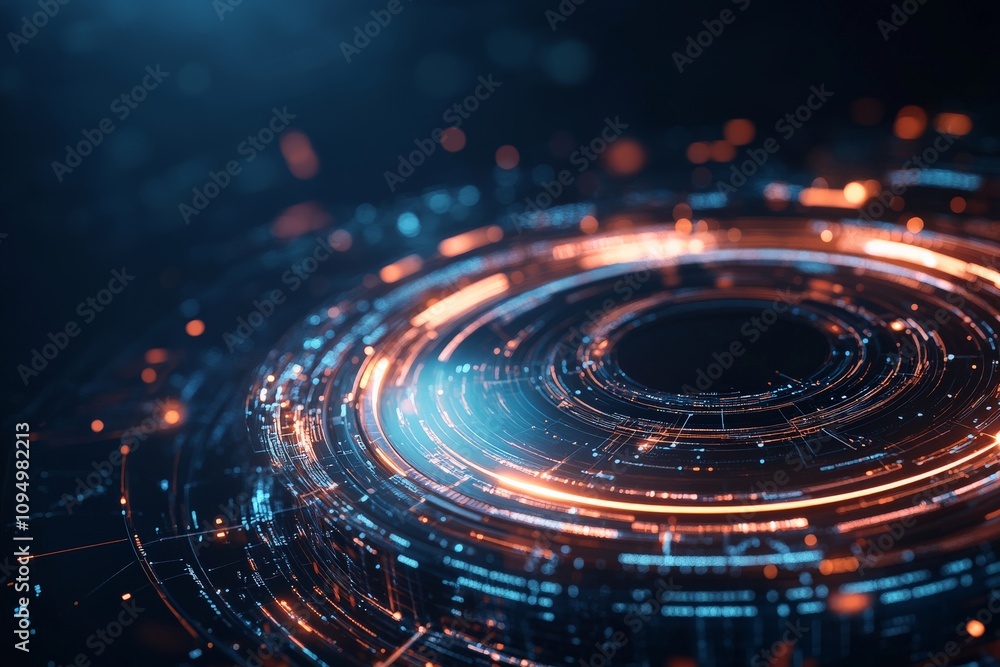 Aufkleber a circular network of interconnected lines and nodes, with radiant orange lights symbolizing technol