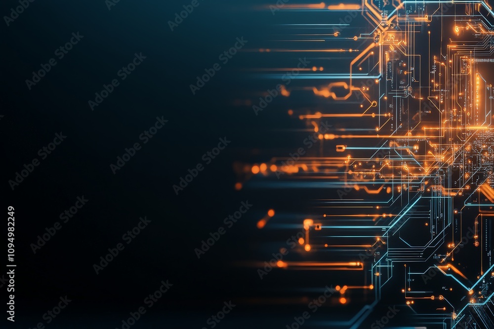 Poster a composition of orange circuitry lines flowing dynamically on a dark background, symbolizing data m