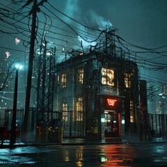Obraz premium Rainy night, cyberpunk building, neon lights, dark city.