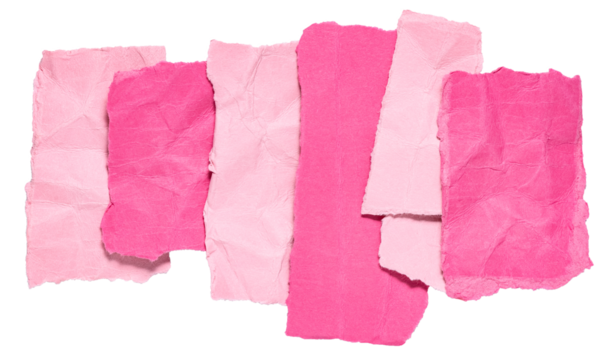 Stack of colorful pink crumpled wrinkled crushed pieces scraps, stripes or snippets of torn paper, isolated png transparent background design element