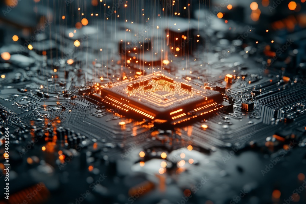 Poster a luminous microchip illuminates the surrounding circuit board, representing the core power and inte