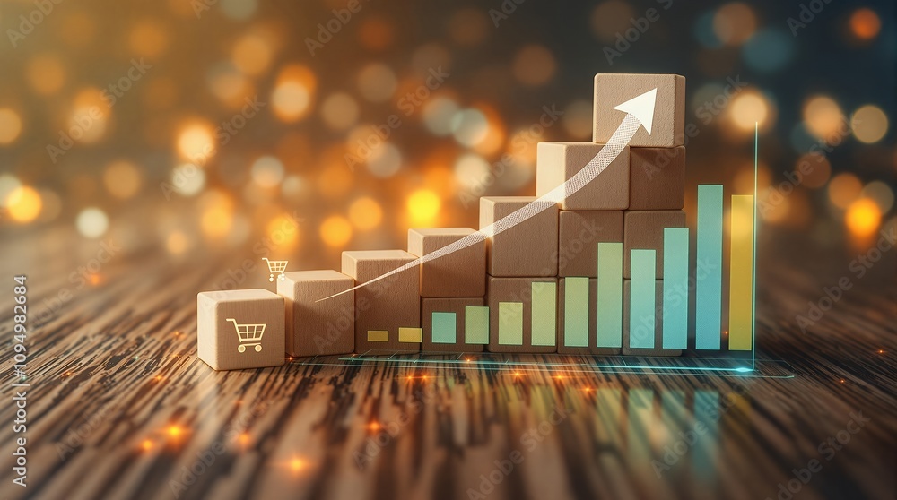 Aufkleber wooden cubes featuring shopping cart icons and an increasing trend line representing growth in e-com