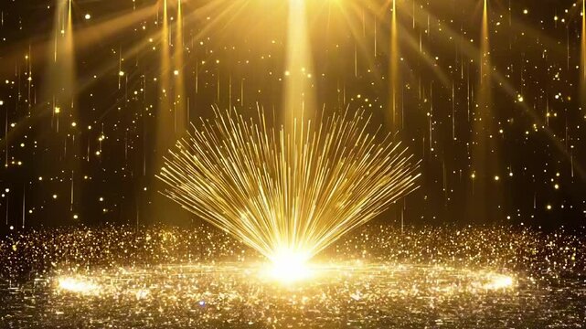 Golden fireworks burst with radiant sparkles and a glowing center. A shimmering explosion and sparkling particles