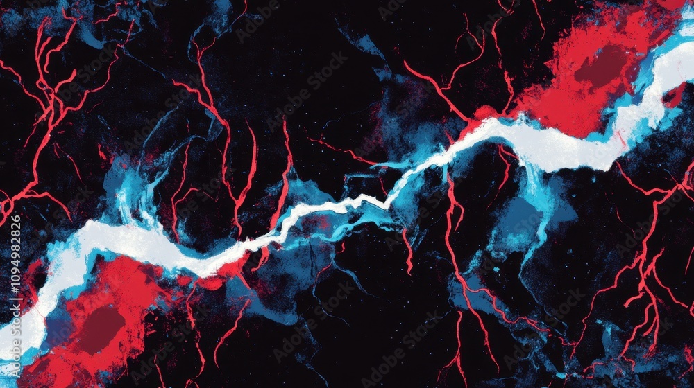 Poster abstract design featuring vibrant colors and lightning-like patterns against a dark background.