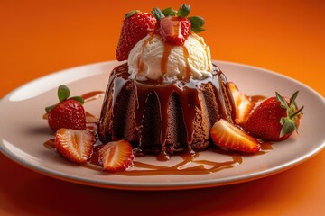 Enchanting Fluffy Lava Cake with Caramel Sauce Ice Cream and Strawberries