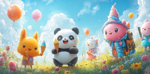 Cute Cartoon Animals Enjoying Ice Cream In A Sunny Field