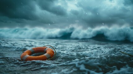 Obraz premium Stormy background with lifebuoy in foreground 