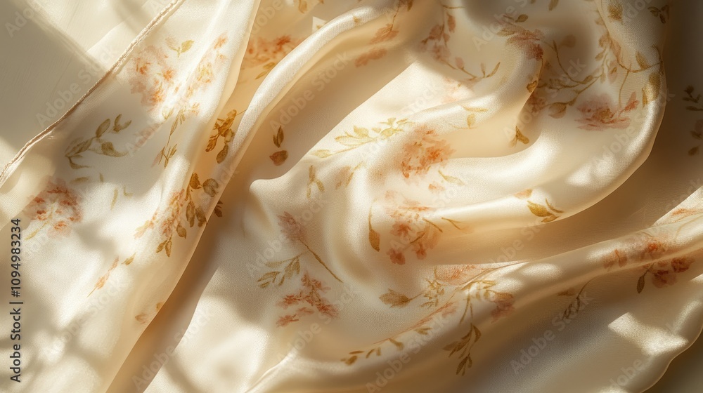 Poster delicate floral pattern on soft fabric with warm natural light creating gentle shadows and highlight