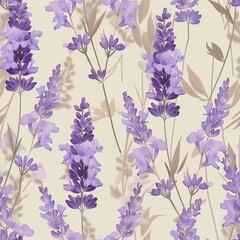 Seamless Pattern, Blooming Lavender Flowers, Purple Petals And Green Stems, Soft Light Background