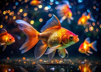 Fototapeta premium Enchanting Night Photography of Goldfish Swimming Gracefully in a Tranquil Aquarium Setting with Soft Lighting and Reflections Capturing Their Vibrant Colors and Natural Beauty