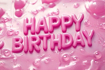 Pink happy birthday greeting with glossy letters and bubbles