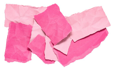 Stack of colorful pink crumpled wrinkled crushed pieces scraps, stripes or snippets of torn paper,...