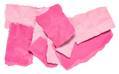 Stack of colorful pink crumpled wrinkled crushed pieces scraps, stripes or snippets of torn paper, isolated png transparent background design element