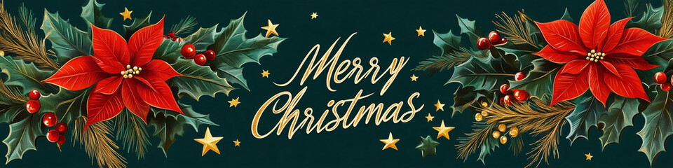 Obraz premium holly mistletoe and berries in green background web header merry christmas celebrations horizontal banner