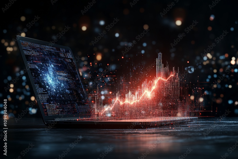 Poster a laptop showcases a glowing digital graph, reflecting data analytics and technological advancement 