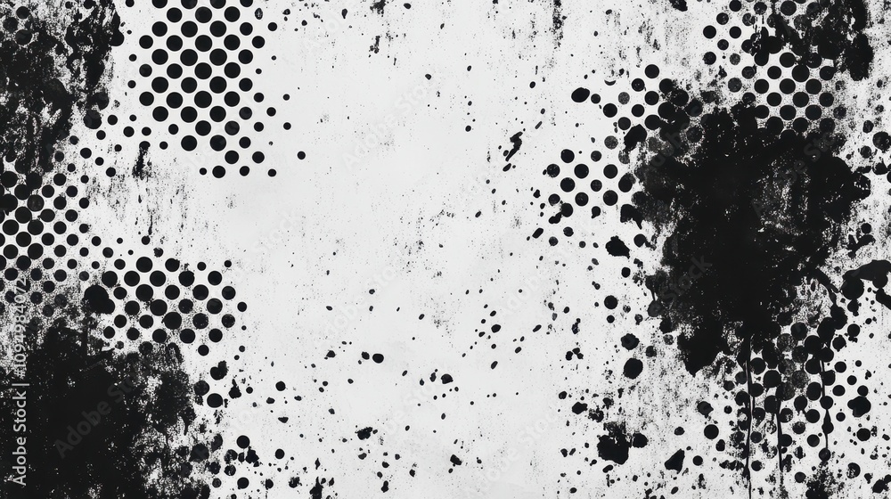 Poster abstract black and white textured background with splatters and halftone patterns.