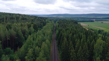 Obraz premium Aerial drone shot showcasing a train railway line winding through a dense lush green forest landscape The tracks cut a path through the dense foliage and evergreen trees