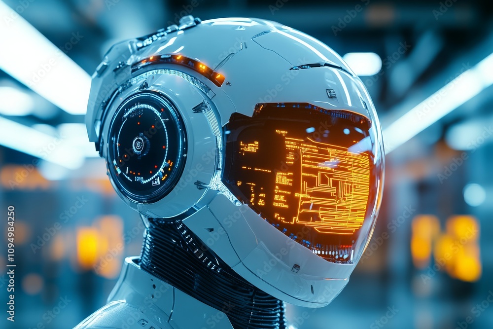 Poster a sleek robotic helmet features a glowing digital interface, symbolizing the merger of robotics and 