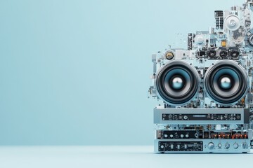 A complex sound system with speakers and circuits on a blue backdrop, emphasizing technology and modern sound engineering design.