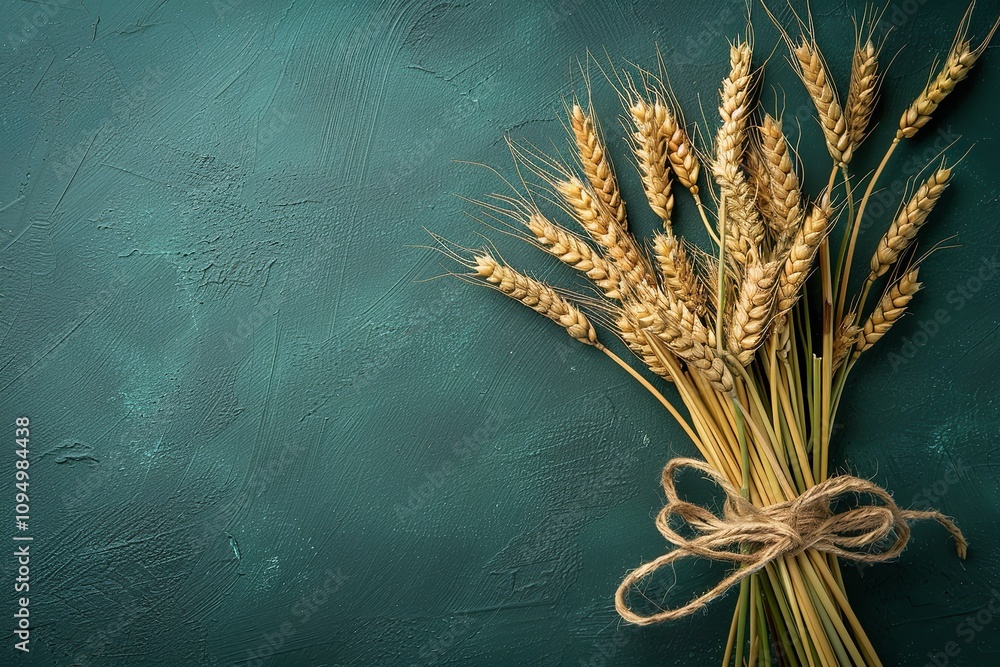 Poster wheat bundle ornamental sheath tied with raffia bow in close-up and in top view with textural space 