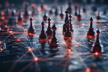 A strategic display of chess pieces on a digital board, interconnected by glowing lines symbolizing advanced technology and communication networks.
