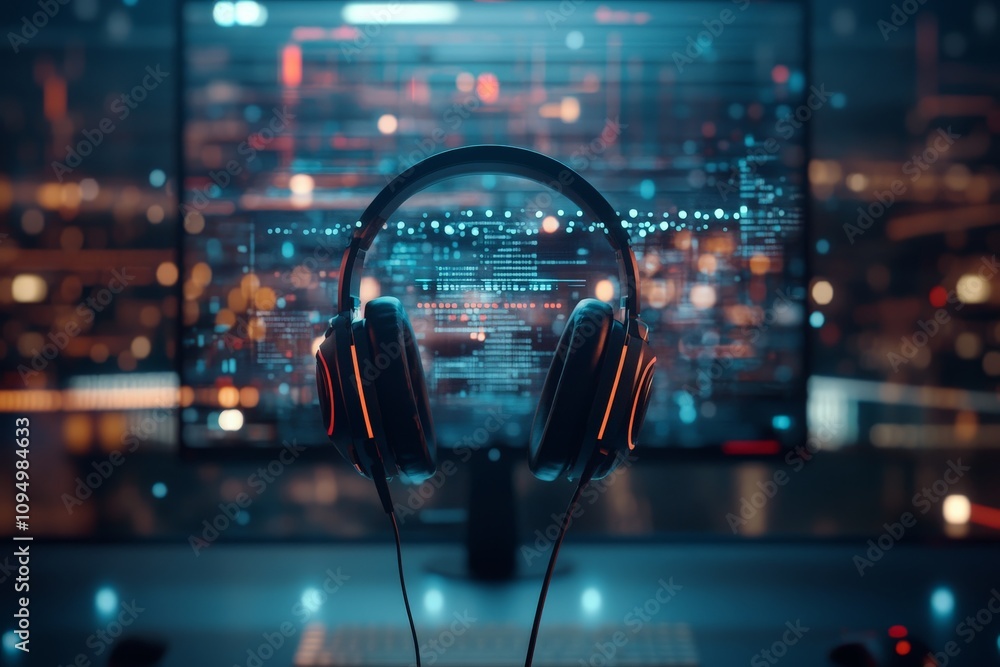 Poster a pair of lit headphones are set against a digital screen displaying coding and data, symbolizing th