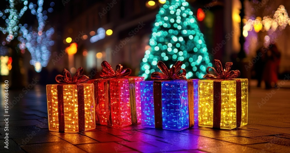 Poster christmas presents with colorful lights and a glowing tree in the background, creating a festive atm