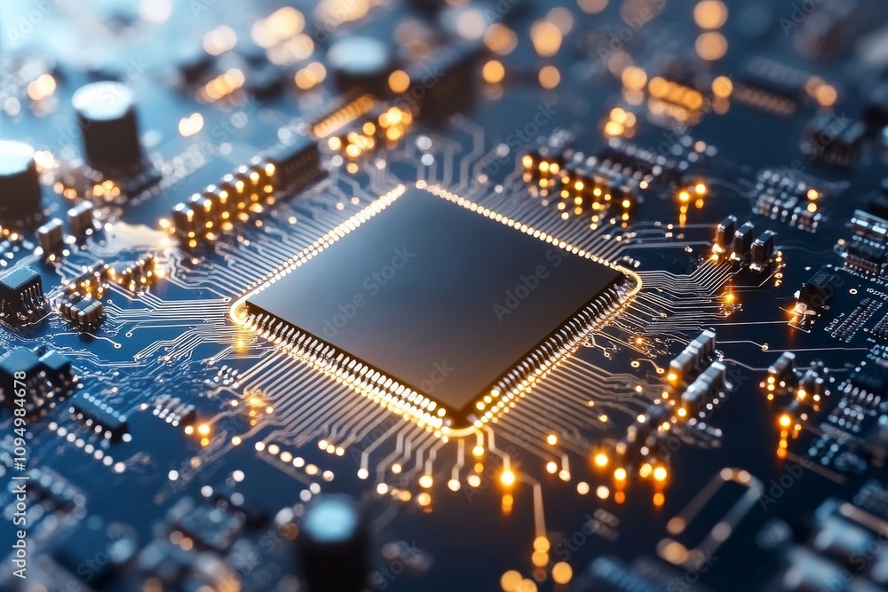 Poster a close-up view of a microchip on a circuit board reveals detailed glowing connections, epitomizing 