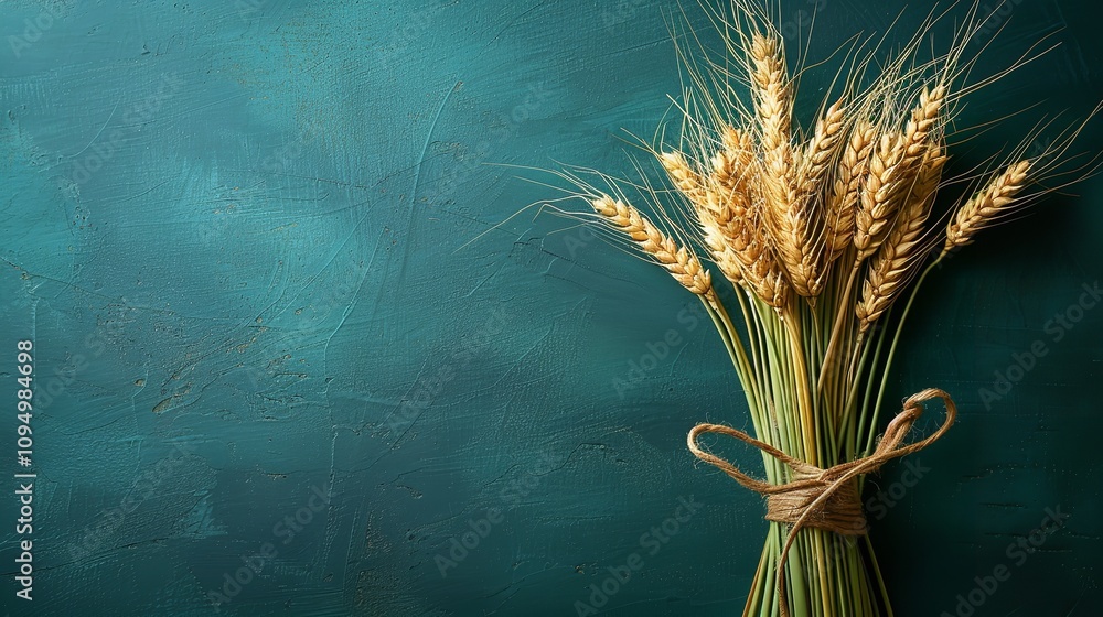 Poster wheat bundle ornamental sheath tied with raffia bow in close-up and in top view with textural space 