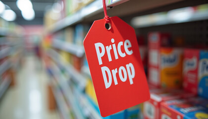 A close-up of a red price tag labeled "Price Drop," hanging on a shelf edge with blurred products in the background, clean and modern composition