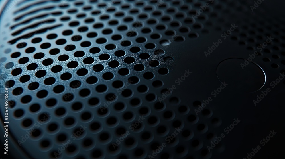 Poster close-up of textured speaker surface with geometric patterns in black and sharp contrast, emphasizin