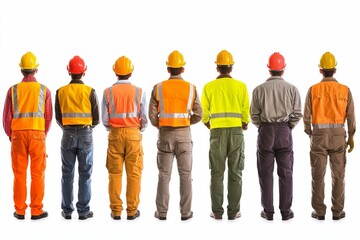 Seven construction workers, backs to camera.