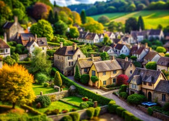 Obraz premium Enchanting Tilt-Shift Photography of an Old Village Surrounded by Lush Greenery, Capturing Timeless Charm and Serenity in a Miniature World Setting