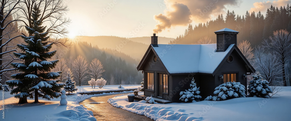 Poster a snowman stands in front of a log cabin in the woods. the cabin is surrounded by trees and snow, cr