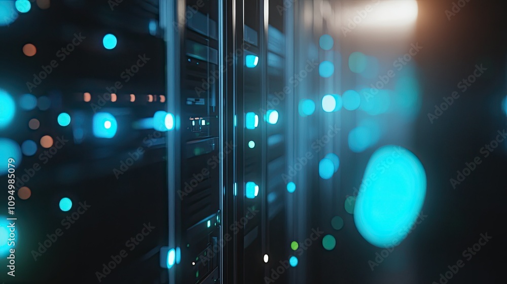 Poster illuminated server room with modern technology and data storage, featuring sleek racks, glowing ligh