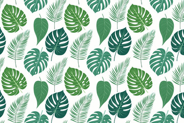 Tropical Foliage and Botanical Background with Monstera and Palm Leaves - Hand-Drawn Exotic Forest Wallpaper