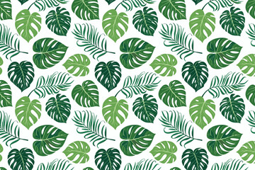 Tropical Foliage and Botanical Background with Monstera and Palm Leaves - Hand-Drawn Exotic Forest Wallpaper