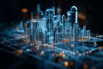 An impressive digital blueprint of a futuristic cityscape illuminated, illustrating architectural innovation, modern urban design, and technological enhancement in city planning.