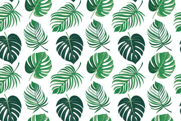 Tropical Foliage and Botanical Background with Monstera and Palm Leaves - Hand-Drawn Exotic Forest Wallpaper