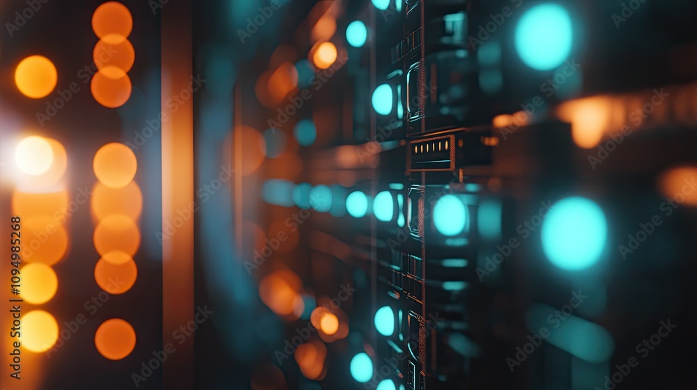 Poster abstract view of a digital server room illuminated with blue and orange lights, representing modern 