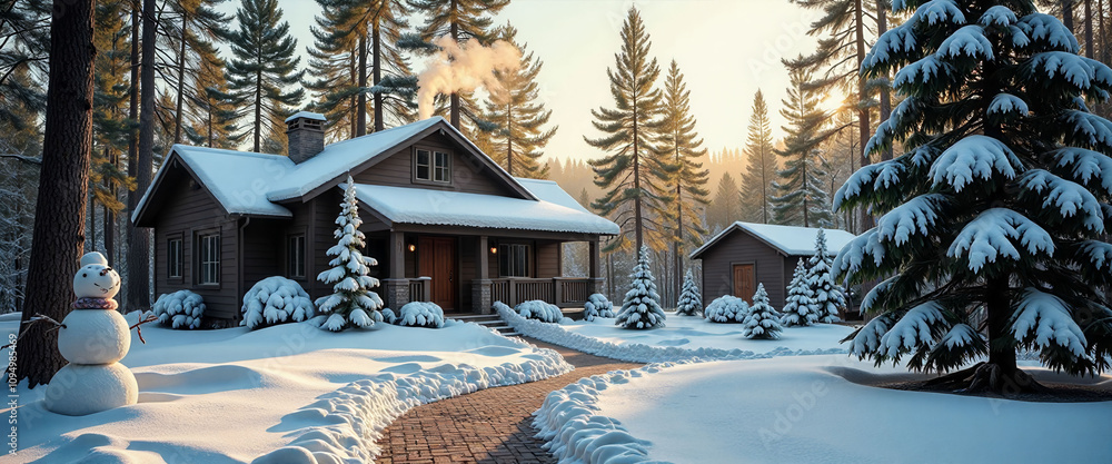 Poster a snowman stands in front of a log cabin in the woods. the cabin is surrounded by trees and snow, cr