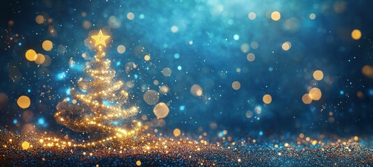 Christmas tree with sparkling lights and golden bokeh on a blue background, creating a festive and magical atmosphere for holiday celebrations and winter festivities